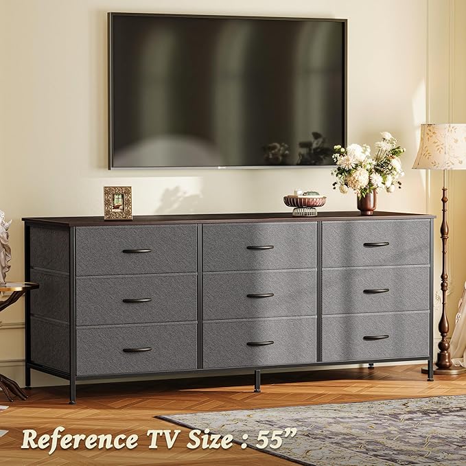 Huuger Long Dresser for Bedroom, 55 Inch TV Stand for 55, 60 Inch TV, Entertainment Center with Drawers, Large Storage 9 Fabric Drawers Dresser, Closet, Dark Grey