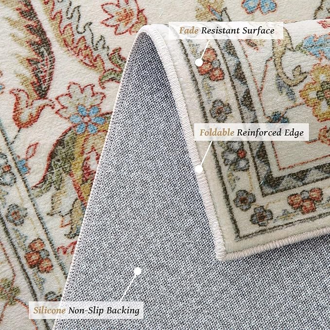 Washable 5x7 Area Rugs for Living Room, Boho Non-Slip Silicone Backing Rugs for Bedroom Dining Room Nursery Office, 0.3" Neutral Oriental Throw Carpet with 0.16" Cushioning Pad, Light Beige/Multi