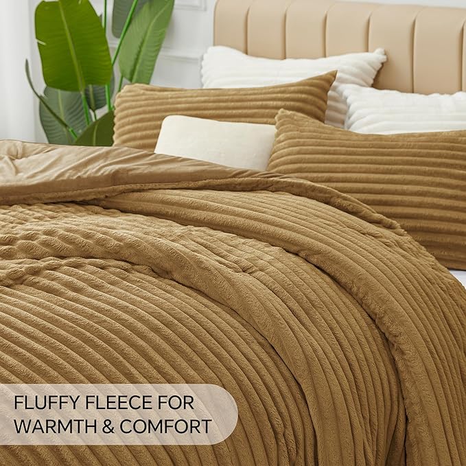 BEDELITE Fleece Queen Comforter Set -Super Soft & Warm Fluffy Brown Bedding, Luxury Fuzzy Heavy Bed Set for Winter with 2 Pillow Cases