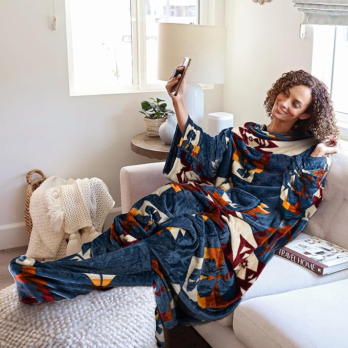 Catalonia Wearable Fleece Blanket with Sleeves and Foot Pockets for Adult Women Men, Micro Plush Comfy Wrap Sleeved Throw Blanket Robe Large, Southwest Blue