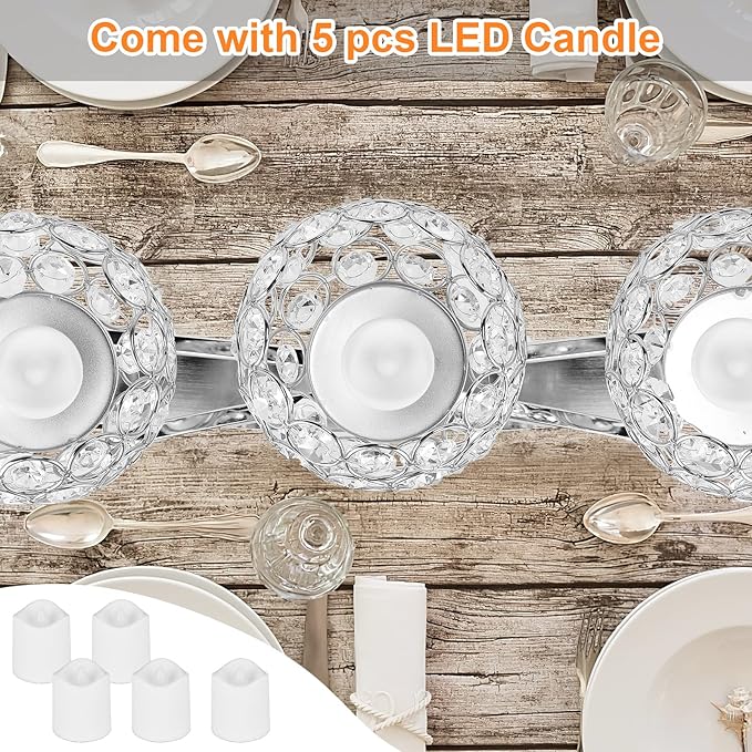 Silver Crystal Candle Holders Decorative Arch Candelabra 3-Arm Candlesticks Holder & 2 Glass Holders Table Centerpiece, Wedding, Party, Anniversary