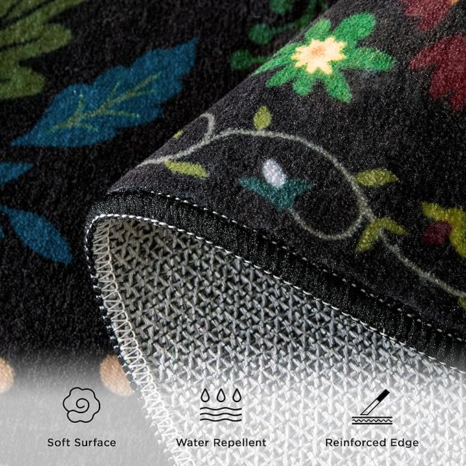 3x5 Area Rug, Floral Black Washable Rug for Entryway, Non Slip Flower Area Rugs, Soft Low Pile Indoor Doormat Small Carpet, Rugs for Living Room Bathroom Bedroom Nursery Kitchen Dining Room