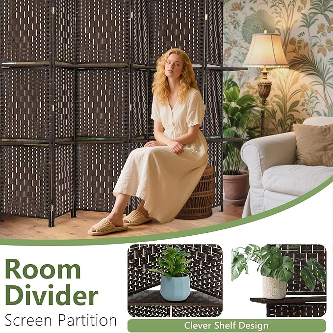 Room Divider 6 Panel Room Screen Divider Folding Portable partition Screen Wood with Removable Storage Shelves, Dark Brown