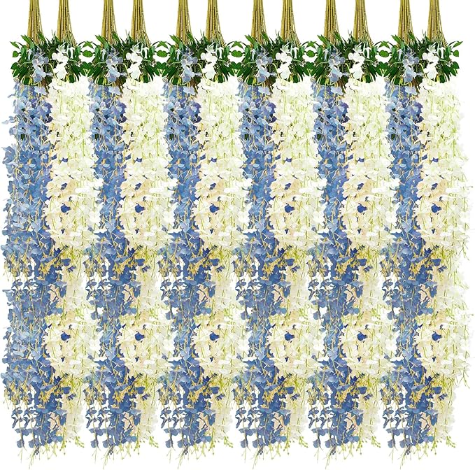 Giegxin 36 Pcs Artificial Wisteria Hanging Flowers 3.6 ft Artificial Fake Wisteria Vine Rattan Hanging Garland Silk Flowers String for Wall Home Wedding Party Greenery Decorations (Blue,White)