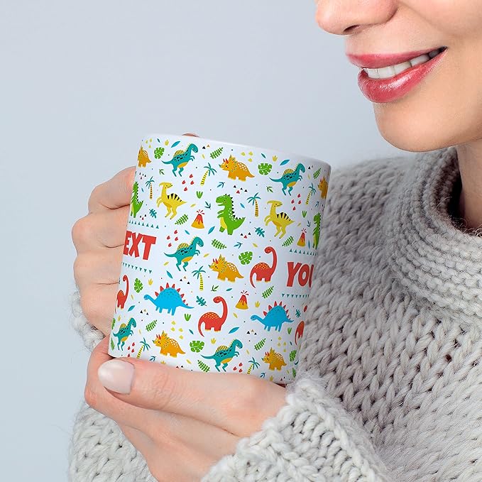 Personalized Mug for Kids - Dinosaurs - Custom Name/Text, Ceramic Hot Chocolate/Cocoa/Coffee Cup for Boys/Girls, Birthday/Christmas/Holiday Gift - 15 oz, Black Handle