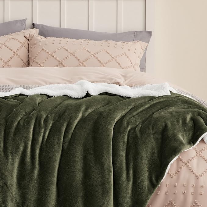 Bedsure GentleSoft Sherpa Fleece Throw Blanket for Couch - Thick and Warm, Soft Fuzzy Plush Throw Blanket for Winter, Olive Green, 50x60 Inches