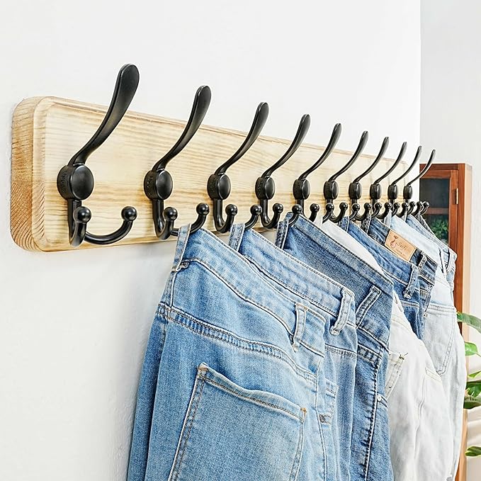 Dseap Coat Rack Wall - Heavy-Duty 38-1/4" Long, with Reinforced 10 Custom Tri-Hooks, Solid Wood Wall Hanger for Coats Hat Jackets - Rustic Farmhouse Entryway Storage, Light Brown & Black, Pack of 2