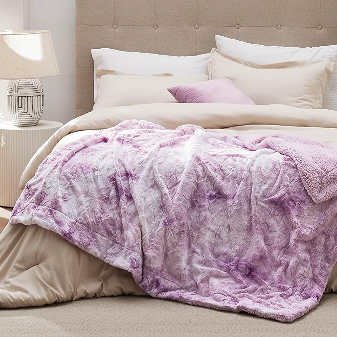 Bedsure GentleSoft Sherpa Fluffy Blanket Twin - Fleece Warm and Cozy Throw for Women Gift, Plush & Fuzzy Faux Fur Christmas Blanket for Couch, Bed Decor, Tie Dye Design, Light Purple, 60x80 Inches