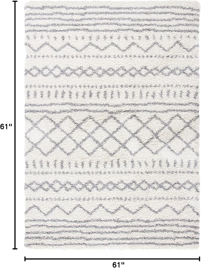 SAFAVIEH Arizona Shag Collection Area Rug - 5'1" Square, Ivory & Grey, Moroccan Design, Non-Shedding, 1.6-inch Thick, Ideal for High Traffic Areas in Living Room, Bedroom (ASG741F-5SQ)