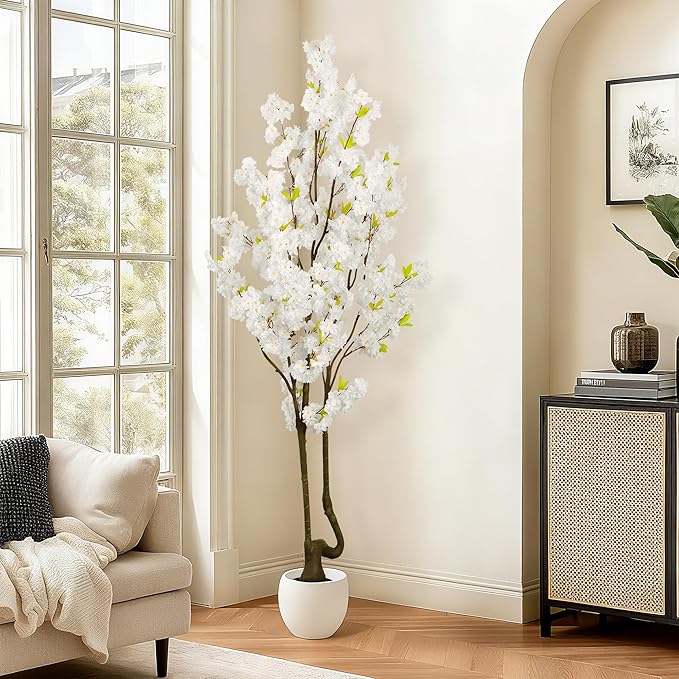 Faux White Cherry Blossom Tree 7ft(84in) Tall Artificial Plant Indoor Decor Handmade Natural Fake White Flower Tree for Wedding Realistic Cherry Plant in Pot for Home Living Room,Office,Outdoor Decor.