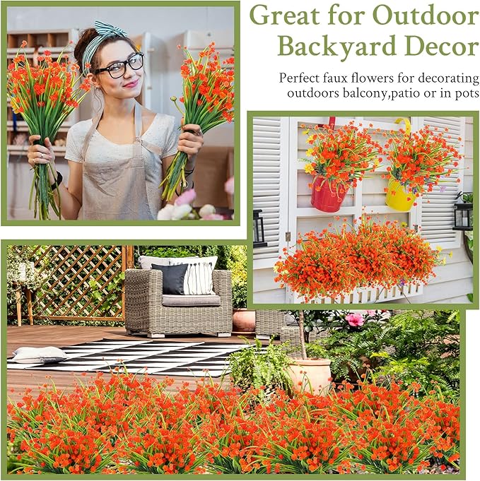 Hoteam 40 Bundles Fall Outdoor Artificial Flowers Plants UV Resistant Outside Faux Flowers Plastic Fake Plants Outdoor Summer Seasons Decoration Shrubs Garden Porch, Orange