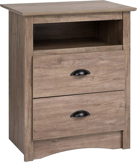 Prepac's Fremont 2 Drawer Nightstand: Elegant Bedroom Furniture, Bedside Table with Open Shelf, 23.25"W x 16"D x 28"H, Drifted Gray - DDC-2428
