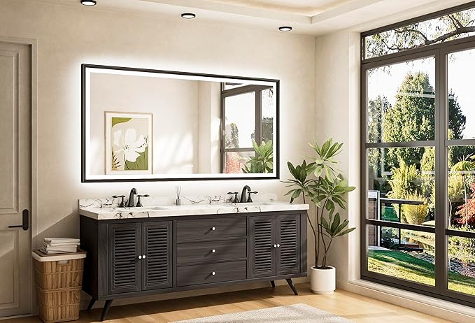 TETOTE 72x36 LED Mirror for Bathroom Black Metal Frame Frontlit & Backlit Lighted Vanity Mirror Baroque Gothic Anti Fog Stepless Dimmable White/Warm/Natural,CRI90+,Wall Mounted(Horizontal/Vertical)