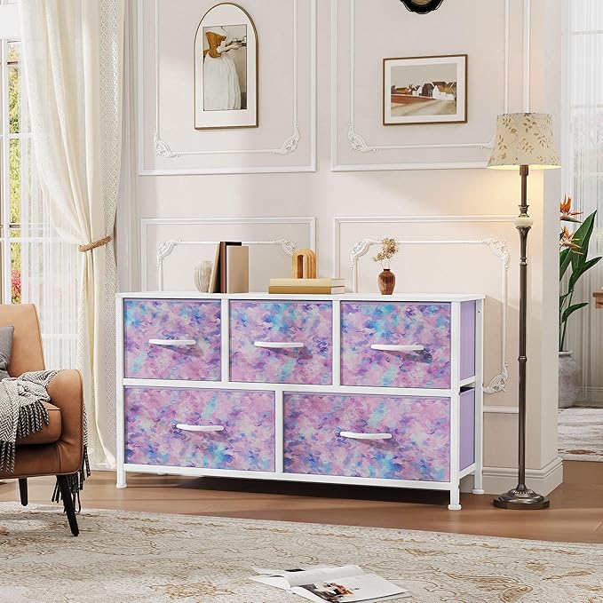 DWVO Dresser with 5 Drawers - Fabric Storage Tower, Organizer Unit for Bedroom, Living Room, Closets - Sturdy Steel Frame, Wooden Top (Purple)