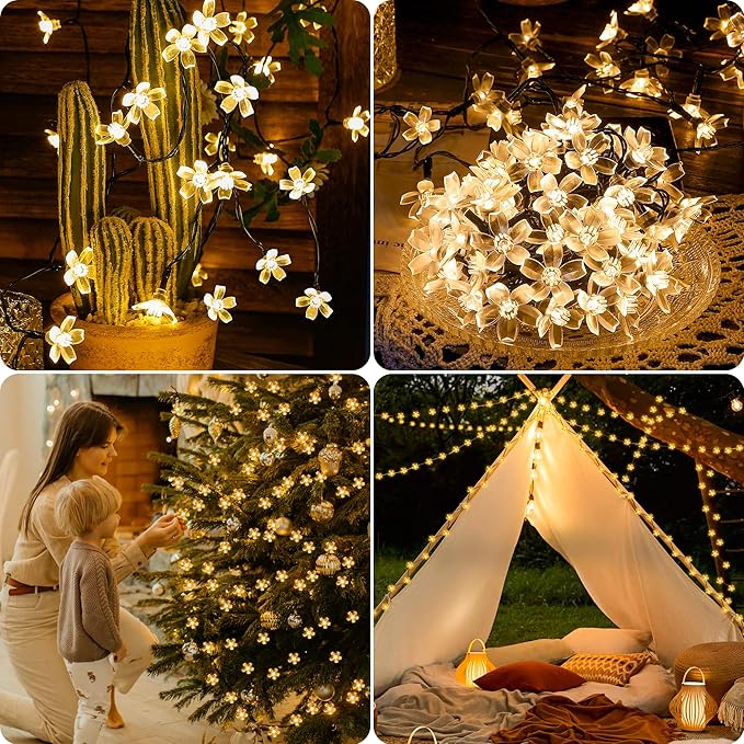 oopswow Solar Flower String Lights,2PACK 50 LED Solar Fairy Light Outdoor Waterproof,Cherry Blossoms String Lights for Fence Patio Yard Christmas Tree,Lawn,Patio,Garden Decoration(Warm White)