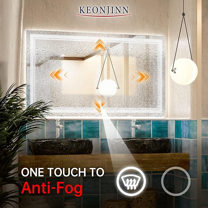 Keonjinn 48 x 28 Inch LED Bathroom Mirror, Lighted Bathroom Mirror with Lights, Shatter-Proof Tempered Glass, UL-Listed LED Driver, Fog Free, Dimmale 6000K, Easy to Install(Horizontal/Vertical)