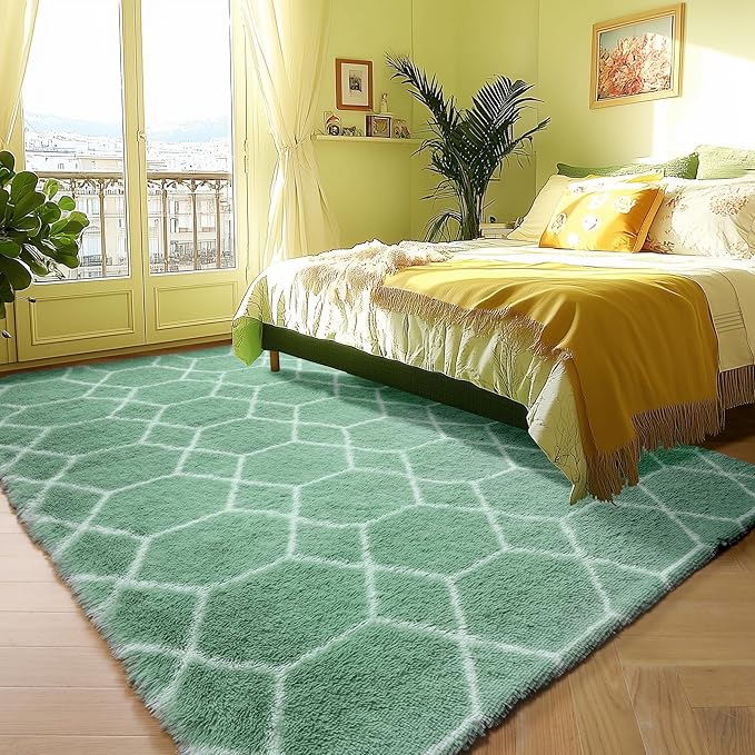 ONASAR Rugs for Living Room Bedroom, 5x8 Washable Fluffy Sage Green and White Area Rug, Geometric Boho Soft Plush Shaggy Floor Carpets for Nursery Kids Girls Boys Teen Dorm Home Decor Aesthetic