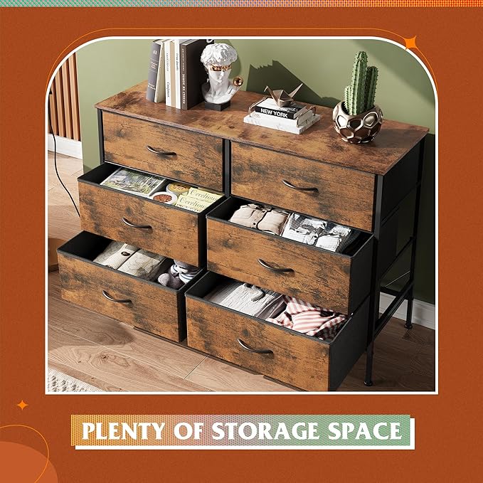 WLIVE Dresser for Bedroom with 6 Drawers, Wide Fabric Dresser TV Stand for 50 Inches TV, with Metal Frame, Wooden Top, Fabric Storage Dressers for Bedroom, Hallway, Entryway, Rustic Brown