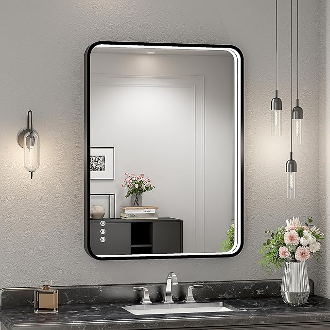 24x32 Inch LED Bathroom Mirror with Lights, Black Metal Framed LED Mirror for Bathroom, 3 Colors and Stepless Dimmable Wall Mounted Lighted Bathroom Vanity Mirror, Anti-Fog, Memory