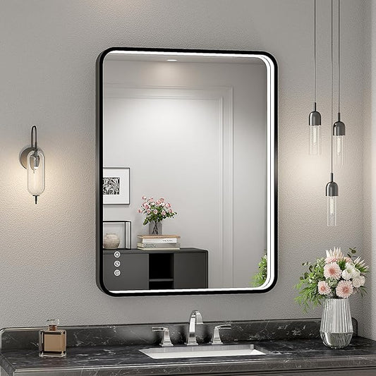 24x32 Inch LED Bathroom Mirror with Lights, Black Metal Framed LED Mirror for Bathroom, 3 Colors and Stepless Dimmable Wall Mounted Lighted Bathroom Vanity Mirror, Anti-Fog, Memory