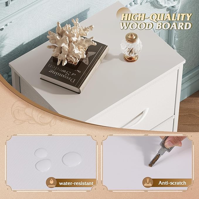 WLIVE Dresser with 3 Drawers, Fabric Nightstand, Cabinet with Wheels, Organizer Storage Dresser for Bedroom, Office, Entryway, Closets, Sturdy Steel Frame, Wood Top, Easy Pull Handle, White