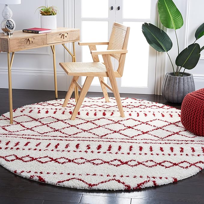 SAFAVIEH Arizona Shag Collection 6'7" Round Ivory/Red ASG741P Moroccan Non-Shedding Entryway Foyer Living Room Bedroom Kitchen 1.2-inch Thick Area Rug