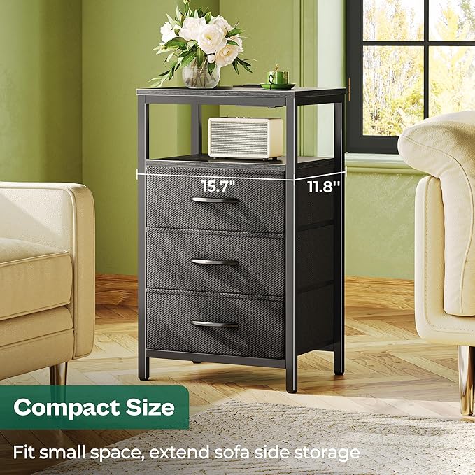 Huuger Nightstand with Charging Station, 27.6 Inch Side Table with Fabric Drawers, End Table Bedside Table with USB Ports and Outlets, Night Stand for Bedroom, Black