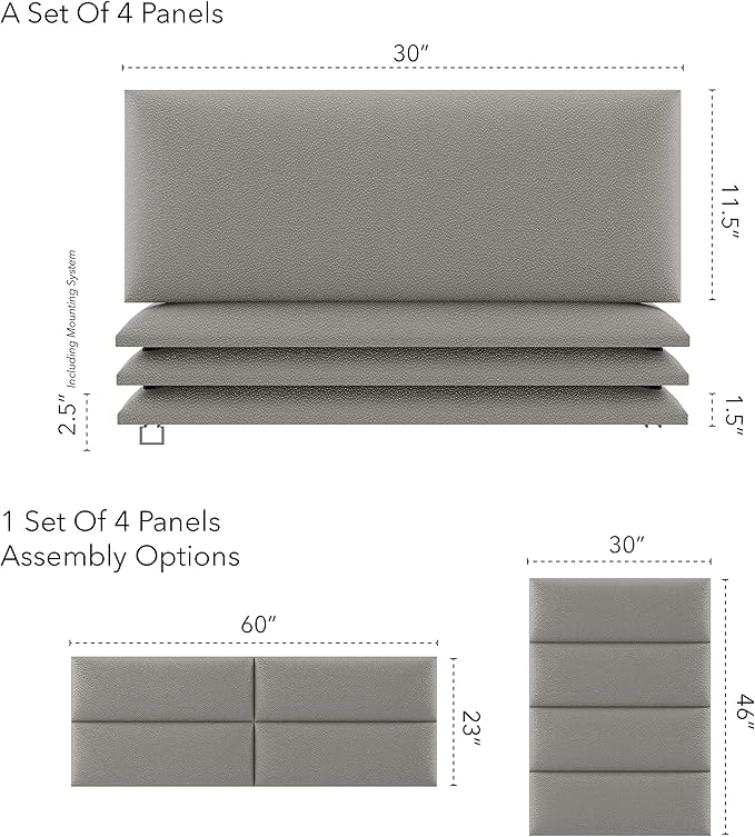 Vänt Upholstered Wall Panels - Queen/Full Size Wall Mounted Headboards - Zigrino Mineral - Set of 4 Panels (Each Individual Panel 30"x11.5")