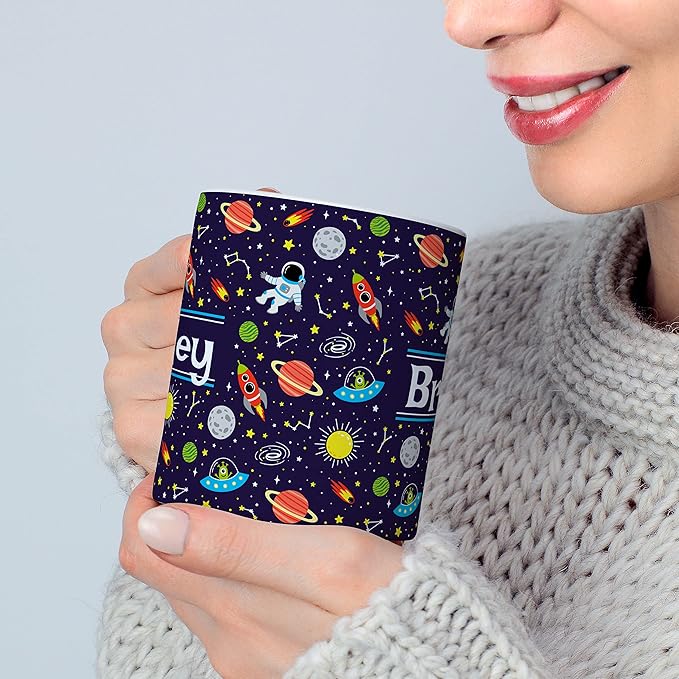 Personalized Mug for Kids - Outer Space - Custom Name/Text, Ceramic Hot Chocolate/Cocoa/Coffee Cup for Boys/Girls, Birthday/Christmas/Holiday Gift - 15 oz, Pink Handle
