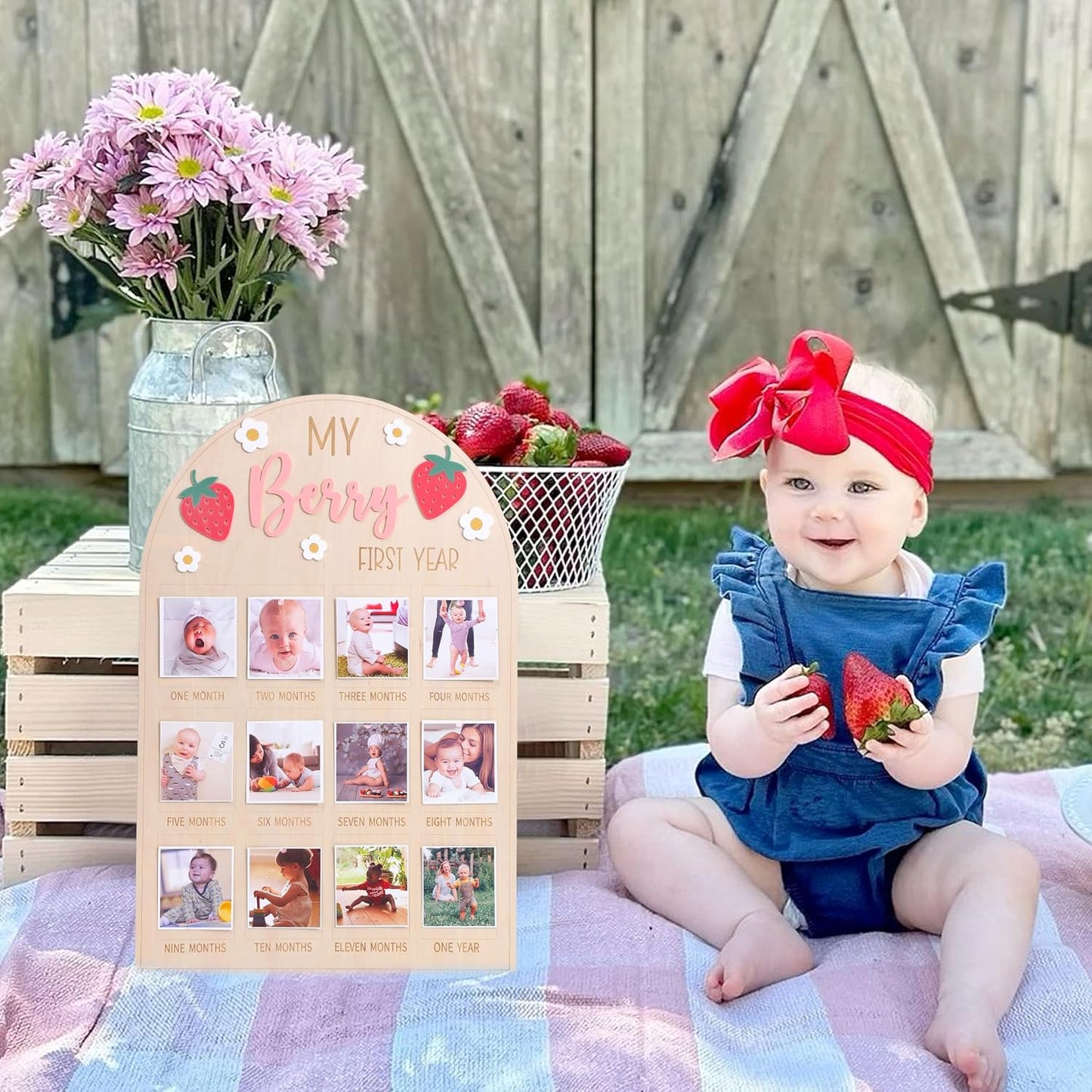 1st 1 12 WAOUH Berry First Year Photo Wood Board - Strawberry Birthday Decorations,Strawberry to Months Photo