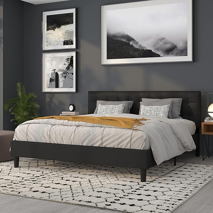 Flash Furniture Lennox Button Tufted Upholstered King Size Headboard in Black Vinyl with Adjustable Bed Rail Slots