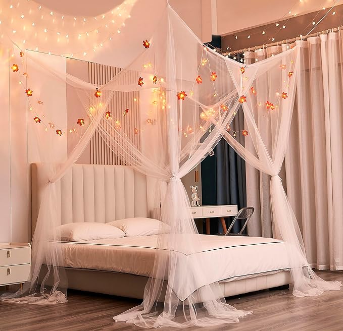 Mengersi Bed Canopy with Lights,Maple Leaf Pumpkin Canopy Bed Curtains Mosquito net,Halloween Theme Party Supplies Festival Decor,White