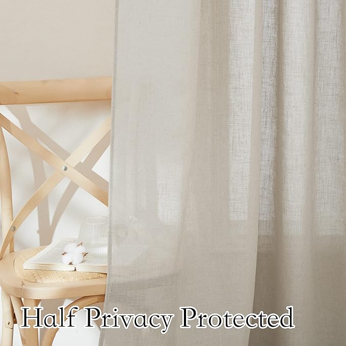 RYB HOME Sheer Curtains 63 inches - Solid Linen Texture Window Shades, Back Tab Hanging Light Airy Privacy Sheer for Bedroom Living Room Cafe, Angora, W 52 x L 63 Long, 1 Pair