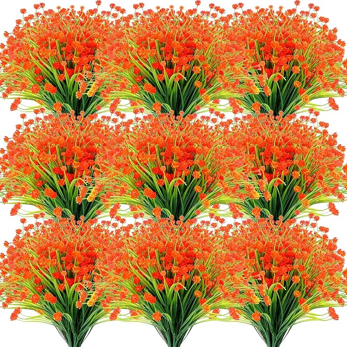 Hoteam 40 Bundles Fall Outdoor Artificial Flowers Plants UV Resistant Outside Faux Flowers Plastic Fake Plants Outdoor Summer Seasons Decoration Shrubs Garden Porch, Orange