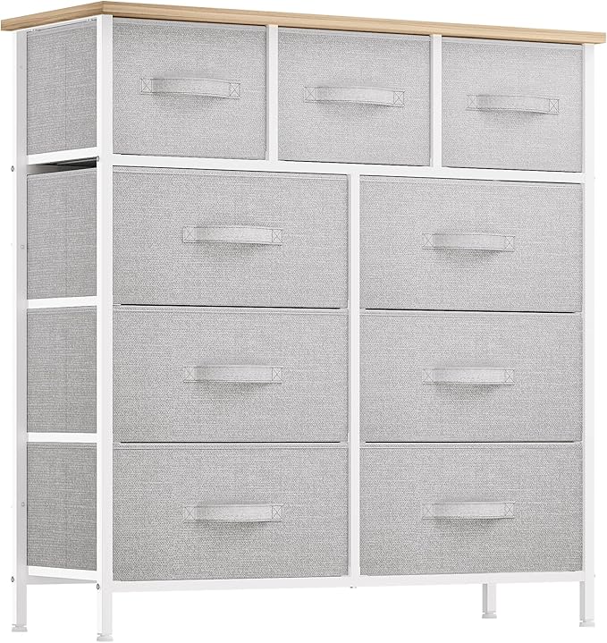 YITAHOME 9 Drawer Dresser, Light Gray Fabric Storage Tower, Tall Organizer Unit for Room, Living Room, Hallway, Closets - Sturdy Steel Frame, Wooden Top & Easy Pull Bins