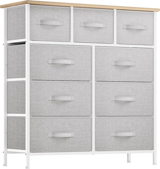 YITAHOME 9 Drawer Dresser, Light Gray Fabric Storage Tower, Tall Organizer Unit for Room, Living Room, Hallway, Closets - Sturdy Steel Frame, Wooden Top & Easy Pull Bins