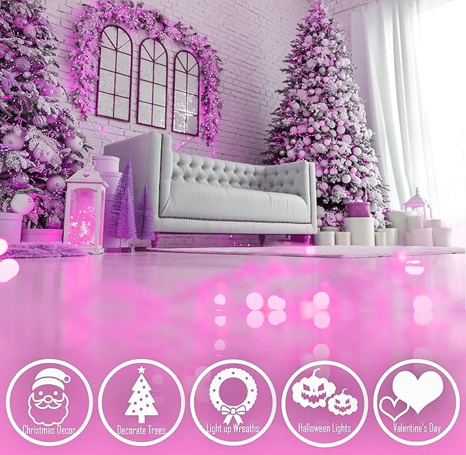 Pink LED Christmas String 100 Mini Fairy Lights Set, Green Wire 26.9 Ft Traditional Valentines Easter Holiday Décor for Home, Christmas Tree, Patio, Indoor & Outdoor Decoration