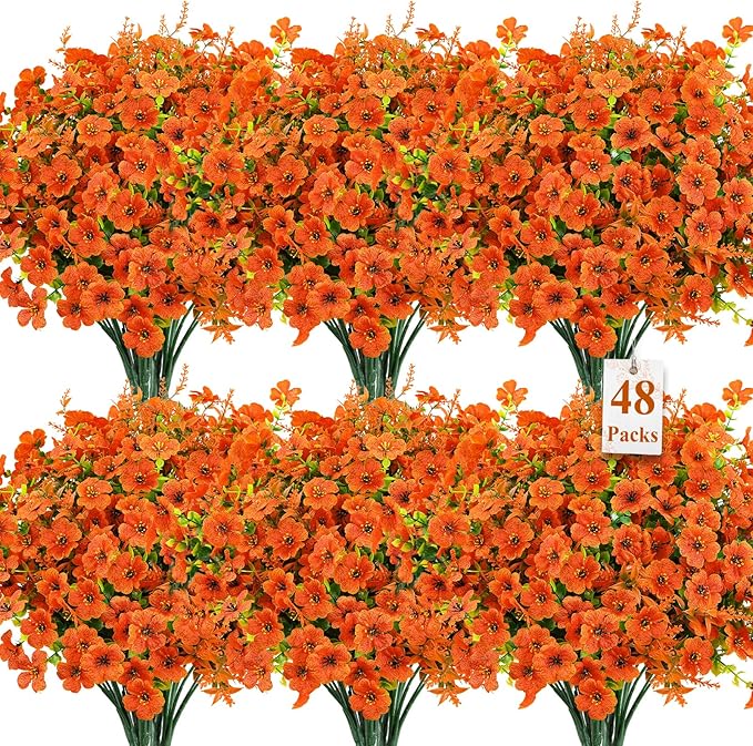 SHareconn 48 Bundles Artificial Fall Flowers for Outdoors Decoration, UV Resistant Silk Eucalyptus Lavender Faux Autumn Fake Plants for Outside Indoor Garden Yard Porch Home Decor, Orange