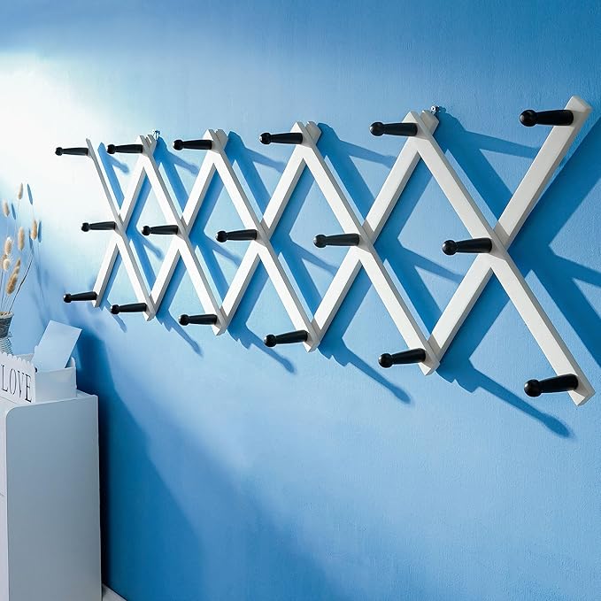 SKOLOO Hat Rack for Wall with 17 Hooks, Solid Wooden, Modern, Expandable Coat Rack Wall Mount for Coats, Hats, Bags, Baseball Caps, Black on White