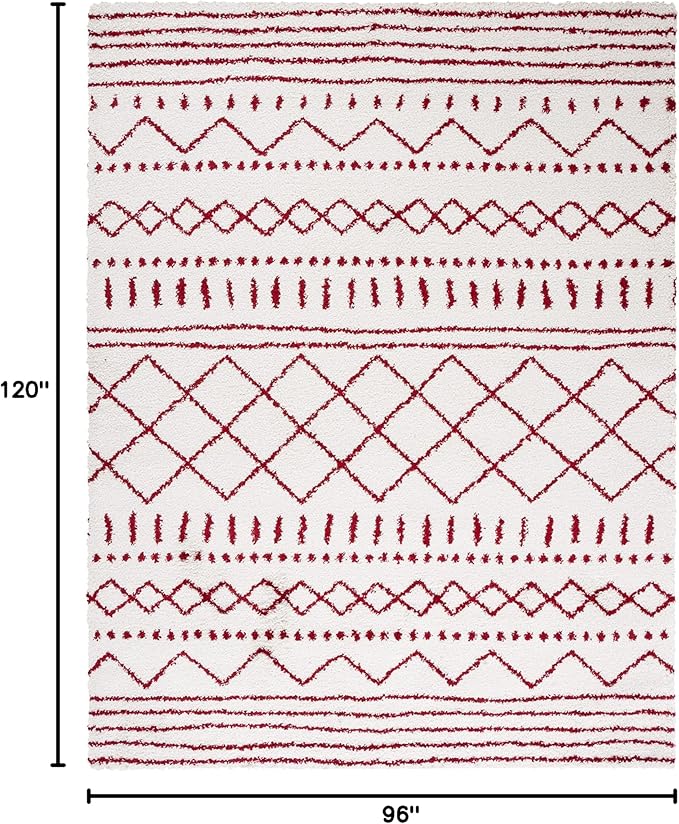 SAFAVIEH Area Rug 8x10 - Arizona Shag Collection - Large - Ivory & Red, Moroccan Design, Non-Shedding & Easy Cleaning, Ultra Plush Thick Pile, Ideal for Living Room, Bedroom, Dining Space (ASG741P)