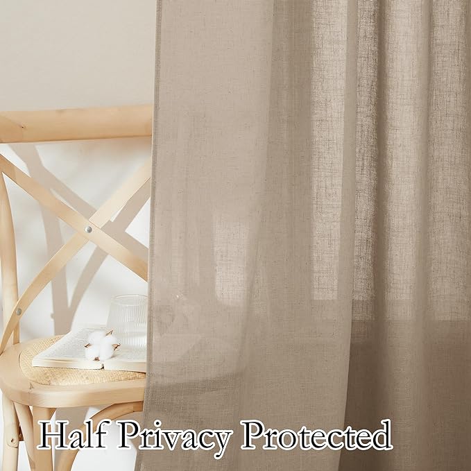 RYB HOME Linen Sheer Curtains for Living Room, Boho Classic Linen Blend Elegant Light Filtering Privacy Protected Panels for Bedroom Gym Room, Khaki, 52" W x 108" L, 2 Panels