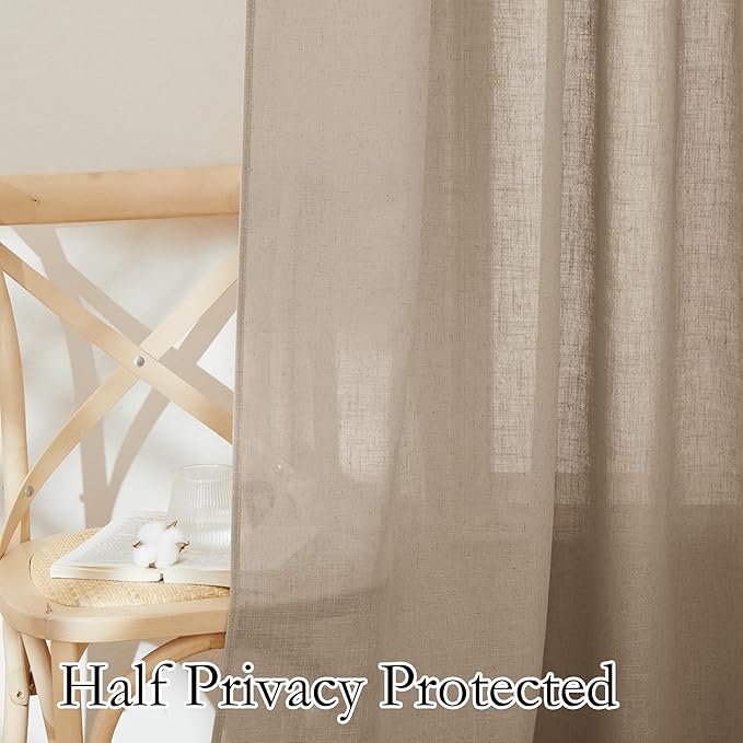 RYB HOME Natural Linen Blend Sheer Curtains for Kitchen, Semi Sheer Light Filtering Privacy Protected Rod Pocket & Back Tab Curtain Panels for Small Window, 52 x 45 inch, Khaki, 2 Panels Set
