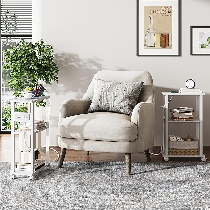 TUTOTAK Small Narrow Side Table with Charging Station, Set of 2 Skinny End Table for Small Spaces, Slim Nightstand with USB Ports and Outlet,Sofa Beside Table with Wheels, White TB01BW047