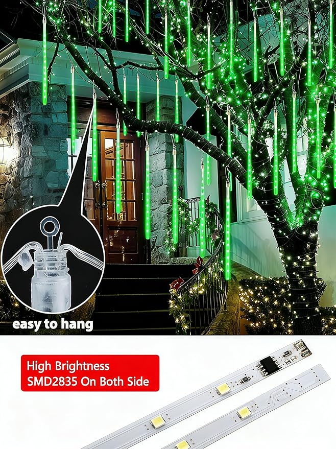Joomer Christmas Lights Outdoor, 11.8 inch 10 Tubes 240 LED Meteor Shower Lights, LED Snow Falling Icicle Cascading Light with Timer Waterproof and Connectable for Christmas Decoration (Green)