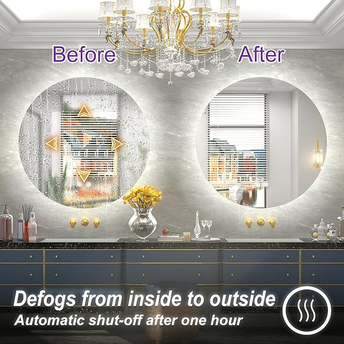 36 Inch Round LED Mirror, Backlit Bathroom Mirror with Lighted, Large Circle Vanity for Wall, Dimmable, Built-in Defoggers, 3000K/4500K/6000K