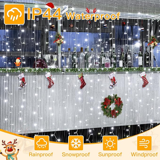 Ollny Curtain Lights 6.6x6.6ft, 200 LED White Christmas Lights with Remote 8 Modes Dimmable Timer, USB Power String Light for Bedroom Backdrop Indoor Window Wedding Decorations