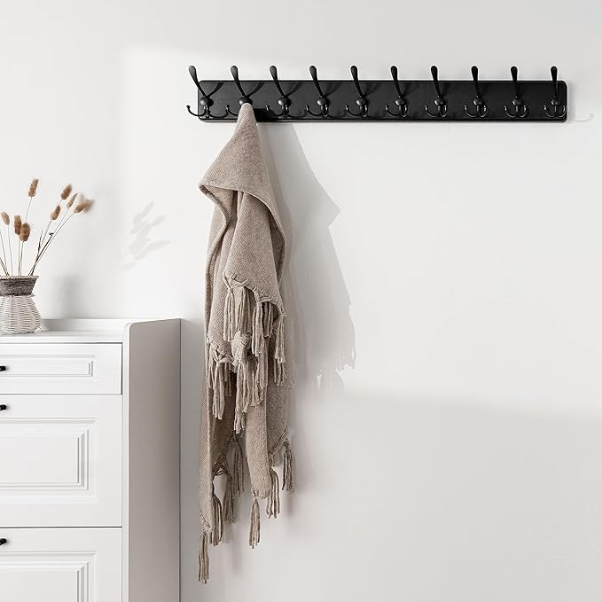 SKOLOO Coat Rack Wall Mounted - 38.3'' Long, Wooden, Heavy Duty, Rustic Coat Hooks for Wall, 16'' Hole to Hole, Wall Coat Rack with 10 Triple Hooks for Hanging Clothes, Jacket, Hat(Black)