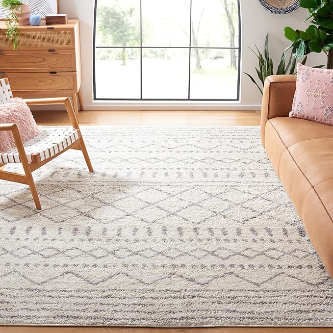 SAFAVIEH Area Rug 8x10 - Arizona Shag Collection - Large - Ivory & Grey, Moroccan Design, Non-Shedding & Easy Cleaning, Ultra Plush Thick Pile, Ideal for Living Room, Bedroom, Dining Space (ASG741F)
