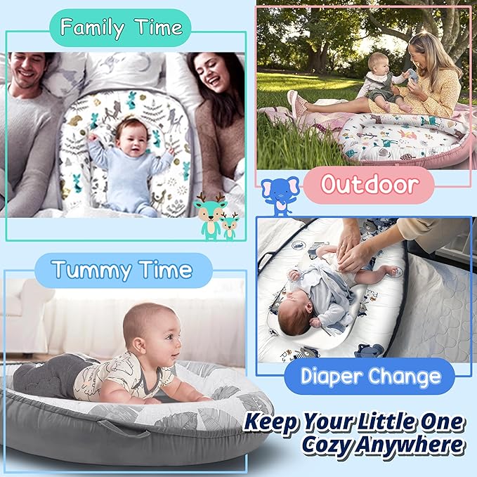 Baby Lounger - Baby Lounger for Newborn 0-24 Months, Breathable, Soft Cotton Baby Nest, Portable Infant Lounger for Home & Travel, Newborn Essentials Gift (Blue Elephant)