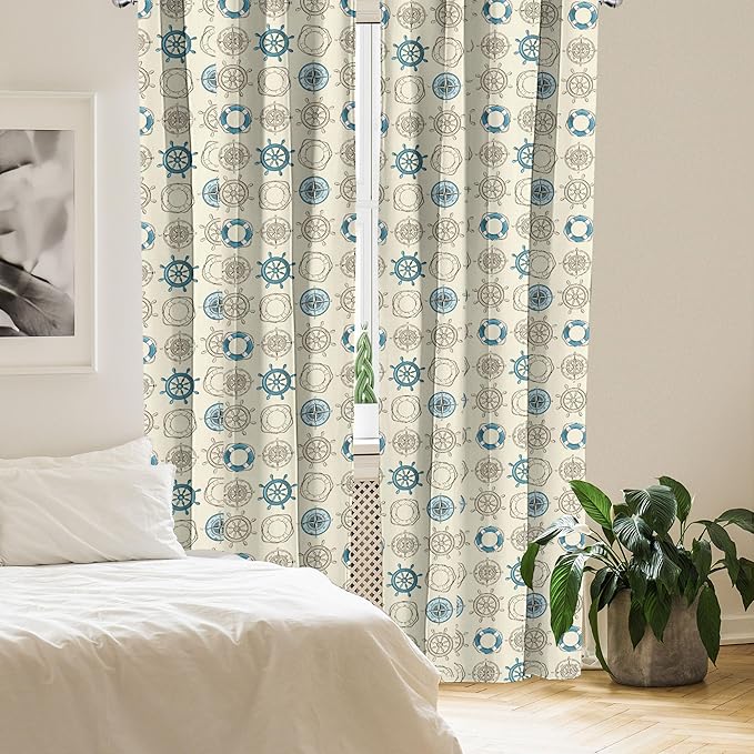 Ambesonne Compass Window Curtains, Marine Themed Doodle Art Vintage Inspirations Traveling Exploration Cruise Pattern, Lightweight Decor 2-Panel Set with Rod Pocket, Pair of - 28" x 84", Beige Teal